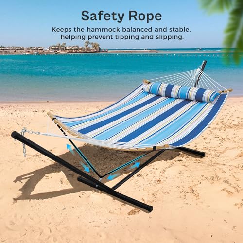 SUPERJARE Curved-Bar Hammock with Stand, 2 Person Heavy Duty Hammock Frame, Detachable Pillow & Portable Carrying Bag, Perfect for Outdoor & Indoor, Holiday Voyage Stripe - color: Holiday Voyage Stripe