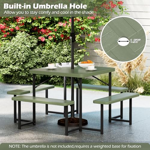 Byroce Outdoor Picnic Table for 4-8 Person, HDPE Picnic Camping Table Set with 4 Benches, Umbrella Hole & Metal Frame, Heavy Duty Square Dining Table Chairs for BBQ in Patio, Yard & Poolside (Green) - color: Green
