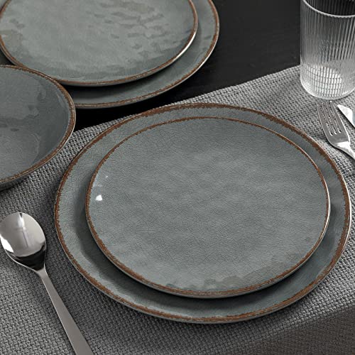 LEHAHA Rustic Farmhouse 12 Piece Melamine Camping Dinnerware Set, Plates and Bowls Sets, Indoor and Outdoor Use, Lightweight and Unbreakable Kitchen dishes Set for 4(Grey) - color: Gray