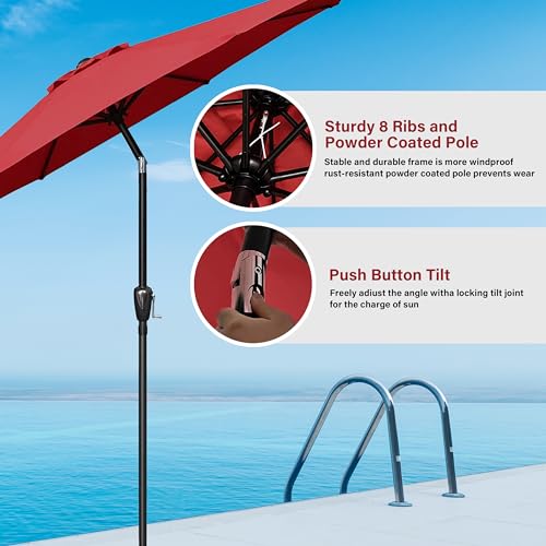 HealSmart 9ft Patio Umbrella with Push Button Tilt/Crank, Outdoor Table Market Yard Umbrella with 8 Sturdy Ribs for Garden, Backyard, Deck, Pool, Red - color: Red, size: 9FT