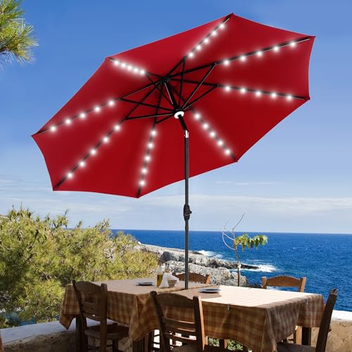 GDY 10Ft Patio Umbrella, Table Umbrella with 40 LED Lights, Outdoor Umbrellas for Patio, with Tilt and Crank, Center Light, for Garden, Deck, Backyard, Pool, and Beach. - color: Red
