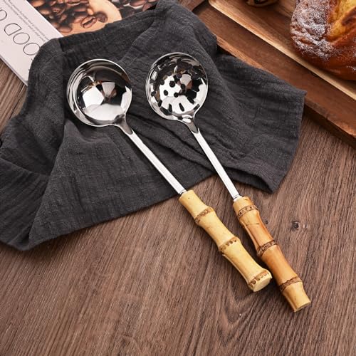 Soup Ladle and Slotted Spoon Set, 304 Stainless Steel Serving Utensils with Natural Bamboo Handle, Soup Spoons For Serving Gravy Hot Pot Or Restaurant, 10.2 Inch, 4 PCS / 2 of Each - color: 4-Piece Soup Ladle