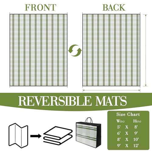 UPGRADE Waterproof Outdoor Rug 8x10 ft, Reversible Plastic Patio Rug, UV Resistant Straw Camping Mat with Carry Bag for RV Beach Deck Backyard, Green & White - color: Green & White, size: 8' x 10'