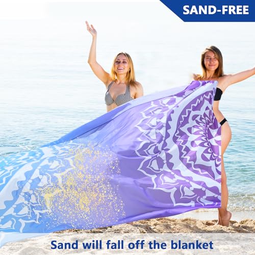 Beach Blanket Waterproof Sandproof Oversized 95”x 80”,Sand Free Beach Mat with Corner Pockets,Portable Mesh Bag for Beach Festival,Picnic,Travel and Outdoor Camping (Gradient Semicircle)