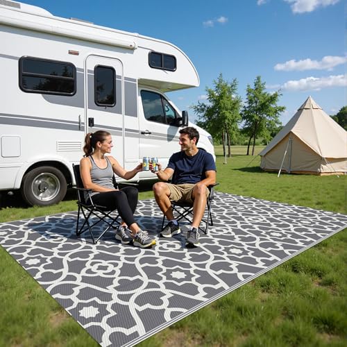 HEBE Outdoor Rug Waterproof 5x8, Plastic Straw Rug Camping Rug, Reversible Outdoor Patio Rugs RV Mat Clearance, Indoor Outside Floor Carpet for Porch,Deck,Camper,Balcony,Backyard - color: Grey, size: 5' x 8' (Rectangular)