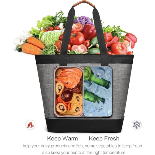 Insulated Cooler Bag Reusable Grocery Tote Bags Transport Large Lunch Box for Women - color: Light Gray