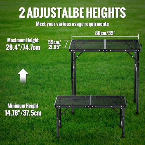 GARLLEN Folding Grill Table, 2-Height Adjustable Folding Camping Table with Heat-Resistant Wider Tabletop, Portable Aluminum Outdoor Tables for BBQ, Camping, Picnic, 35" L x 21.65" W, Black - color: Black, size: Tabletop Size: 35"L x 21.65"W