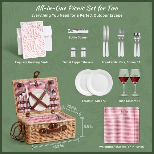 Picnic Basket for 2 with Waterproof Picnic Blanket, Wicker Picnic Set Kit with Cooler for Beach, Insulated Picnic Baskets, Bridal Shower Gift Wedding Gifts with Mr Mrs Wine Glasses and Greeting Card - color: Wedding Gift Style Red and White