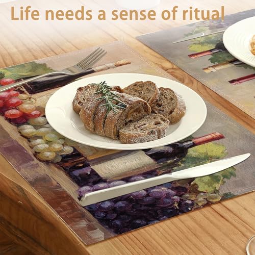 Placemats Set of 6,Retro Red Wine Table Mats, Grapes Glass Cup Washable Linen Table Mats,Non-Slip Heat Resistant Placemats for Party Kitchen Dining Indoor Outdoor 12"x18" - color: Retro Red Wine, Grapes Glass Cup