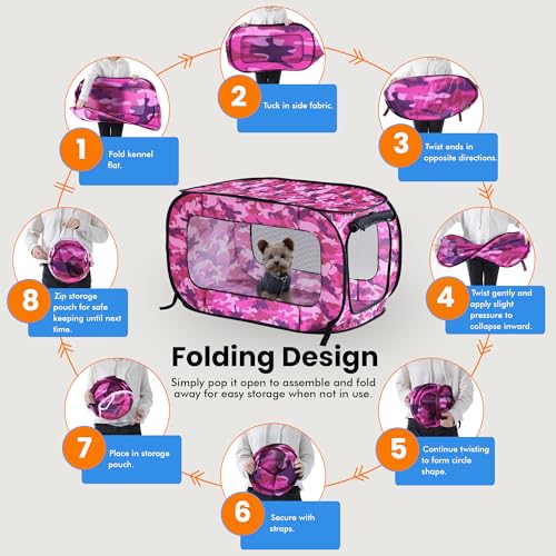 Beatrice Home Fashions Portable, Collapsible, Pop Up Kennel Travel Cat and Dog Crate, 40" L x 27" W x 27" H, Camo Pink - color: Camo Pink, size: 40.0"L x 27.0"W x 27.0"H