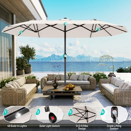 AreShark 13 FT Patio Umbrella with Solar Lights, Double-Sided Outdoor Table Umbrellas with Crank, Large Rectangular Market Umbrella for Porch, Lawn, Pool, Backyard, Cream-White - color: Cream-White, size: 6.5x13 Ft