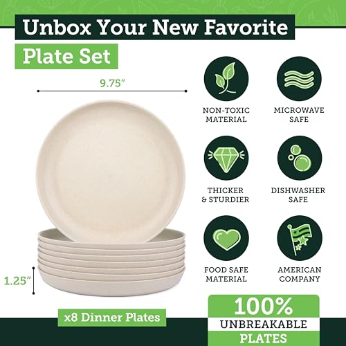 Grow Forward Premium Wheat Straw Plates - 10 Inch Reusable Hard Plastic Dinner Plates Set of 8 - Unbreakable & Microwave Safe Dishes for Dessert, Camping, RV, Outdoors, Patio, Kitchen - Sahara - color: Sahara Beige, size: 10 inch