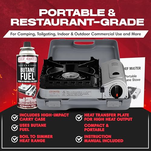 Chef Master 15,000 BTU Butane Portable Camp Stove + 4x 8oz Butane Canisters | Double Wind-Guard Portable Stove Burner w/Piezo Ignition for Emergencies, Tailgating, Hiking & Camping Essentials - 90019 - size: Stove&Fuel