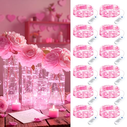 Minetom 12 Pack Pink Christmas Lights, 7ft 20 LED Fairy Lights Battery Operated, Valentines Day Decorations, 8 Modes Waterproof Silver Wire Twinkle Lights, Valentine's Day Lights - color: Pink, size: 12 Pack