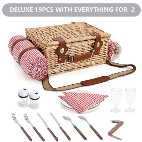Picnic Basket with Blanket and Wine Pouch for 2, Wicker Picnic Set with Insulated Liner Cooler Bag Hamper for Camping,Wedding - Red Gingham - color: Red Gingham With Blanket for 2