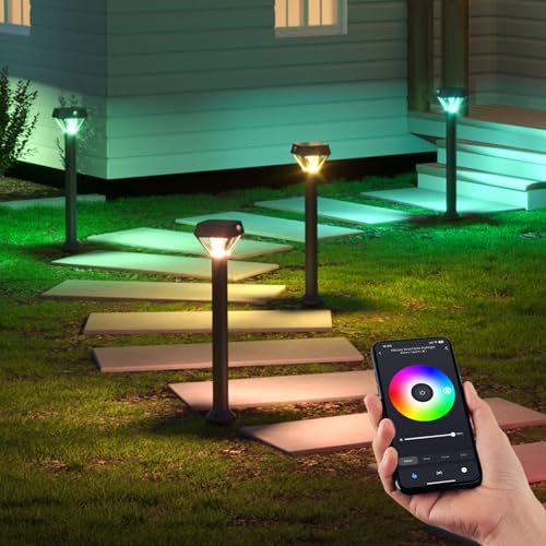 XMCOSY+ Smart Solar Pathway Lights, Bluetooth APP Control with Motion Sensor, 150LM RGBCW Color Changing Landscape Lighting for Yard, Garage, Garden, Lawn, IP65 Waterproof, 4 Pack - size: 4 Pack (Excludes smart bridge)