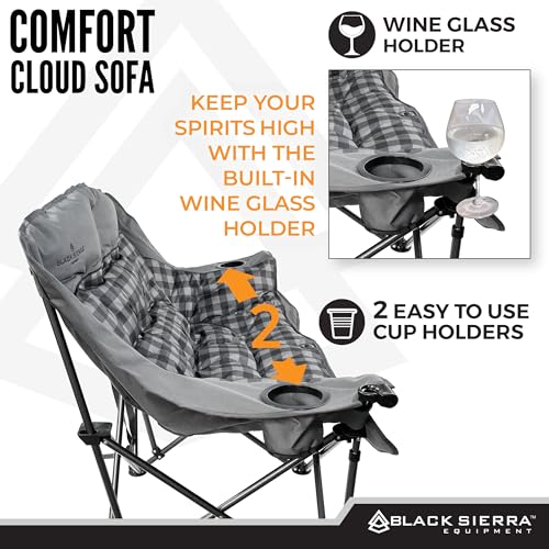 Black Sierra Double Loveseat Comfort Camping Couch, Oversized Folding Chair for Adults, 600‑lb Capacity, Plush Padded Heavy Duty Outdoor Seat with Cup Holders & Carry Bag for Beach, RV | Double loveseat - color: Grey