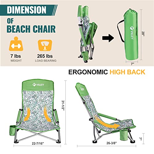 VILLEY Low Beach Chair, High Back Folding Beach Chair for Adults, Lightweight and Portable for Outdoor, Beach, Camping, Lawn, Music Festival, with Cup Holder and Carry Bag-Green Tropical Leaves - color: Green Tropical Leaves