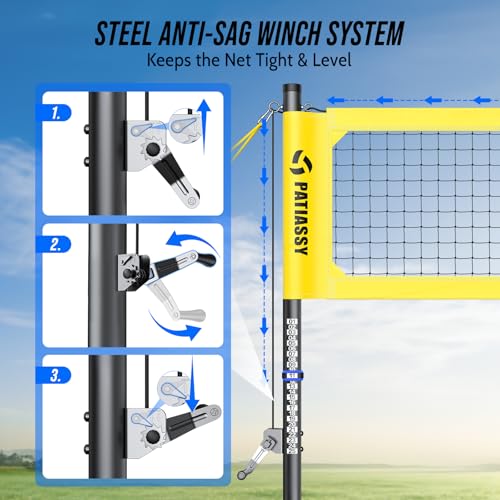 Professional Heavy Duty Volleyball Net Set for Backyard & Beach, Outdoor Net System with Steel Anti-Sag Winch, 32FT Reinforced Net, Height Adjustable Rust-Resistant Aluminum Poles, Portable Carry Bag - color: A-Yellow