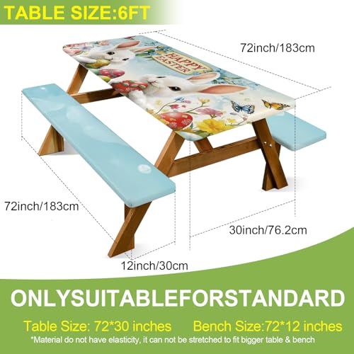 ANNA QUEEN Easter Garden 6FT Picnic Table Cover with Bench Covers Set of 3 with Drawstring Bag, Bunny Eggs Flowers 72"x30" Waterproof Picnic Tablecloth & Bench Covers for Outdoor Dining - color: #62