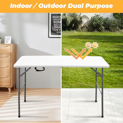 4ft Portable Folding Table, Indoor Outdoor Plastic Dining Table w/Handle, Fold-in-Half Utility Foldable Table for Camping, Picnic and Party, White