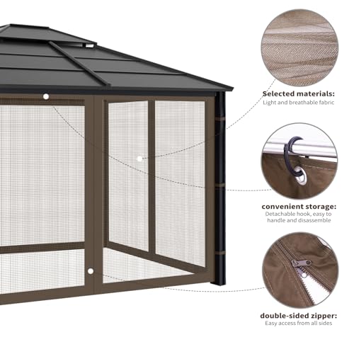 Gazebo Replacement Mosquito Netting Outdoor Universal Gazebo Canopy 4-Panels Screen Sidewalls with Zipper for Patio Garden (Coffee, 10x12) - color: Coffee, size: 10x12