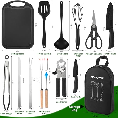 Wesqunie Camping Essentials Cookware Cooking Utensils Set - Portable Camp Kitchen Mess Kit Outdoor Accessories, Stainless Steel & Silicone, Camping Gear Equipment for RV Picnic Grill, 14PCS Black - color: 14PCS Black