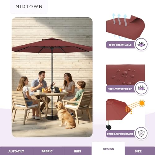 Midtown Umbrellas - 10-Year-No-Fade 9 Ft Patio Umbrella with Terylast Fabric, Auto-Tilt Aluminum Frame and 8 Reinforced Ribs for Deck, Pool, Garden & Beach - Cherry Burgundy Canopy, Black Pole - color: Terylast Fabric - Cherry, size: 9 Foot