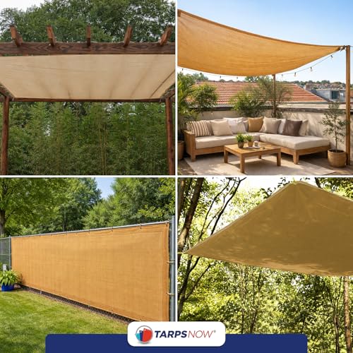 Tarps Now 20' x 20' Tan Mesh Tarp Heavy Duty - 6.8 oz Knitted HDPE - 75% Shade Cloth for Garden, Backyard, Patios - Brass Grommets - UV Resistant Breathable Privacy Screen, Sun Shades Outdoor Patio - size: 20' X 20'