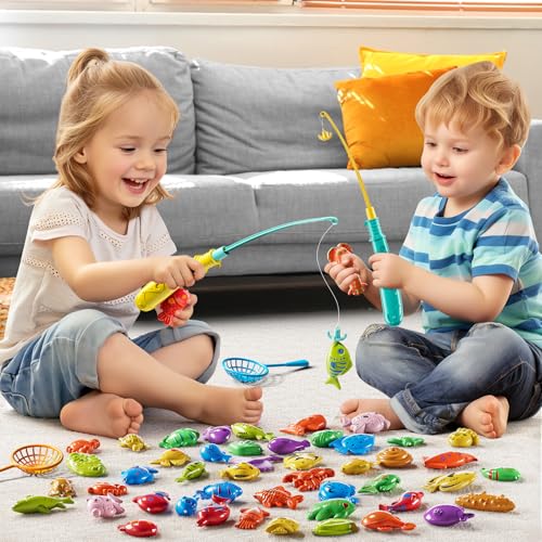 JUKUDAHU Magnet Fishing Game for Kids 3 4 5 6 7 8 Years Old - Pool Bath Toys for Toddlers, Pole Rod Net, Floating Fish Toys, Outdoor Party Toys for Boys Girls Kids Age 3-8 8-12 Year Old - style: 55 Magnet Fishing Toy