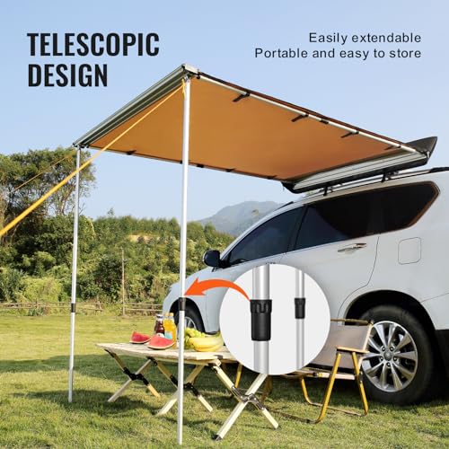 VEVOR Vehicle Awning 6.6'x8.2' Roof Rack Pull-Out Sun Shade UV50+ PU3000mm, Retractable Weatherproof 4x4 Side Awning for SUV Outdoor Camping & Overland (Hardware Included), w/Waterproof Storage Bag - color: Khaki 6.6X8.2ft Car Awning