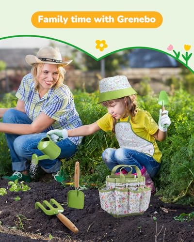 Kids Gardening Set Toys, Quality Garden Tool Kit for Kids and Toddlers, Includes Two Shovels, Garden hat,Rake, Apron,Gloves, Watering Can, and Tool Bag (Green) - color: A-green