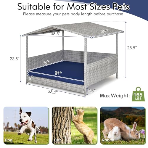Tangkula Wicker Dog House, Indoor Outdoor Raised Rattan Dog Bed w/Removable Cushion, Washable Cover, Weatherproof Roof, Rattan Puppy Shelter w/Elevated Floor for Small Medium Dogs (Grey & Navy) - style: Grey House & Navy Cushion