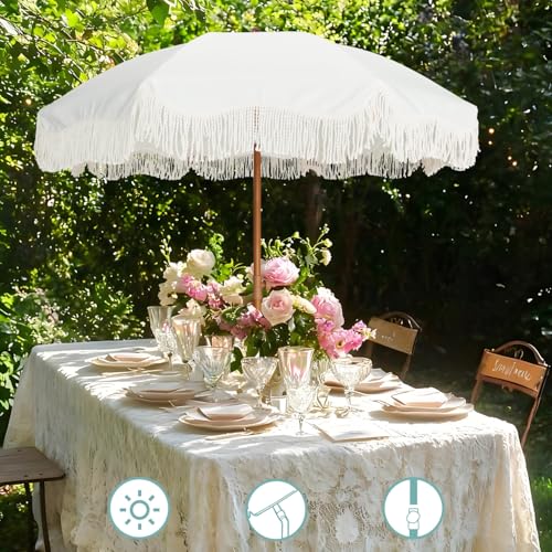 AMMSUN Boho Fringe Umbrella Outdoor Patio, 6.5ft UPF50+ Picnic Umbrella with Tassels with Steel Pole and Push Button Tilt, Antique White - color: Antique White