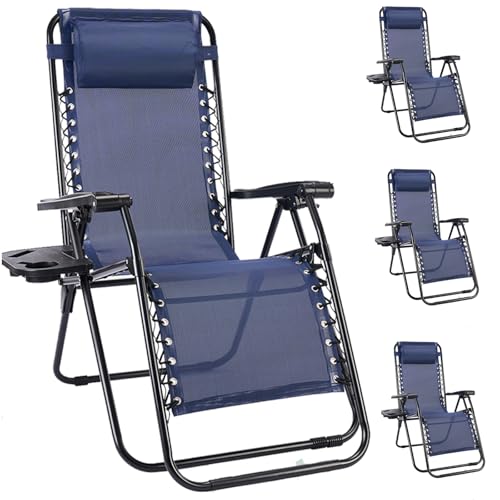 NEWBULIG Zero Gravity Chair Set of 4, Lounge Chair Folding Portable Adjustable Camping Reclining Chairs with Adjustable Pollow, Mesh Back, Cup Holder Trays Lawn Patio Chair for Pool Beach - Blue - color: Modern Blue, size: 4 Pack