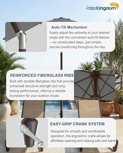 PatioKingdom Auto-Tilt 9FT Patio Umbrella Outdoor with 8 Sturdy Fiberglass Ribs,Market Table Umbrella for Pool,Backyard,Deck and Garden - color: Gray, size: 9FT