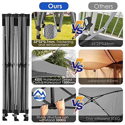 COBIZI 10x20 Heavy Duty Pop up Canopy Tent Easy Up Commercial Outdoor Canopy Wedding Party Tents for Parties All Season Wind & Waterproof Gazebo with Roller Bag,Grey(Frame Thickened) - color: Gray, size: 10x20 Without Sidewalls