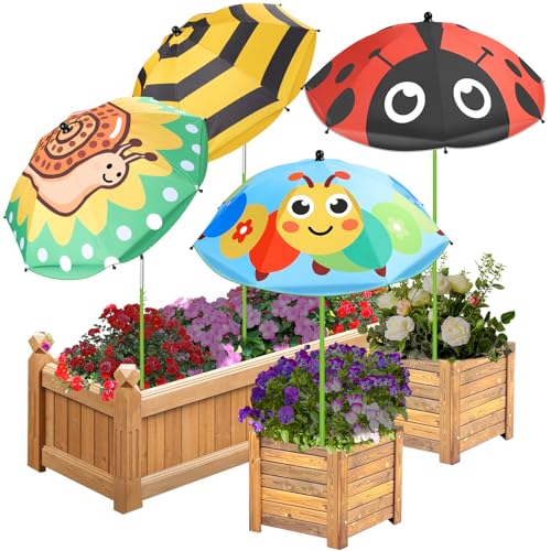 Axcoix 4 Pack Upgraded Plant Umbrellas for Outdoor Plants, 26" Larger Garden Plant Umbrella Shade with Adjustable Angle, 43.4" Higher Sun Shade with Animal Prints for Plants, Potted Plant, Garden Beds - color: 4 Pack-1Red 1Yellow 1Blue 1Green