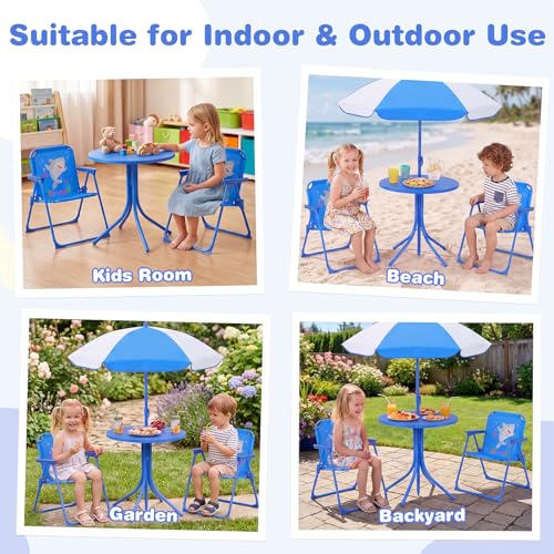 KOTEK Kids Picnic Table with Umbrella, Outdoor Table & 2 Folding Chairs, Cute Pattern Children’s Patio Furniture, Portable Kids Table and Chair Set for Backyard, Garden, Beach (Blue Ocean) - color: Blue Ocean