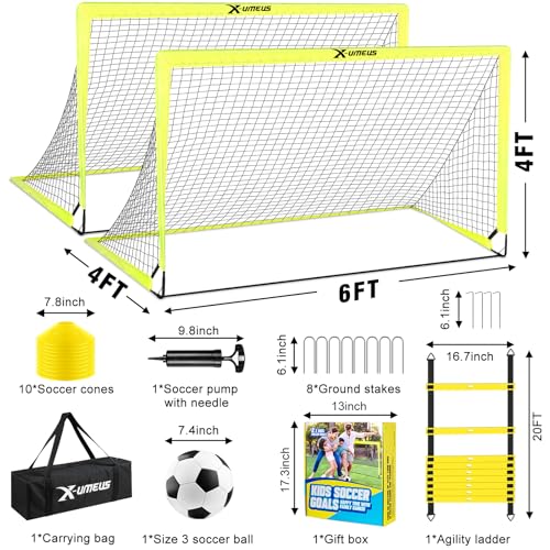 Kids Soccer Goals for Backyard Set of 2, 4 x 3 ft/6 x 4 Toddler Soccer Goal Training Equipment with Soccer Ball, Cones, Pop Up Soccer Net for Kids Age 3-5 4-6 6-8 8-12 10-12 Outdoor Games Sports Gifts - color: Optic Yellow, style: 6' x 4'