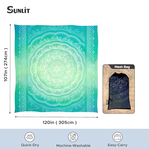 Sunlit Silky Soft Sand Proof Beach Blanket 106"x81" / 85"x72" Sand Proof Mat with Corner Pockets and Mesh Bag for Beach Party, Travel, Camping and Outdoor Music Festival, Mandala - color: Turquoise, size: 120"x108"