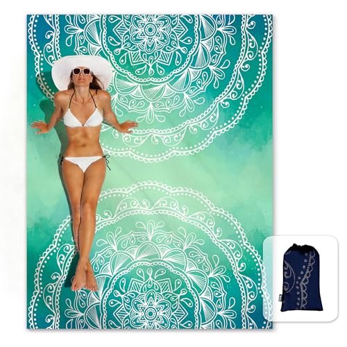Sunlit Silky Soft Sand Proof Beach Blanket 106"x81" / 85"x72" Sand Proof Mat with Corner Pockets and Mesh Bag for Beach Party, Travel, Camping and Outdoor Music Festival, Mandala - color: Turquoise, size: 85"x72"