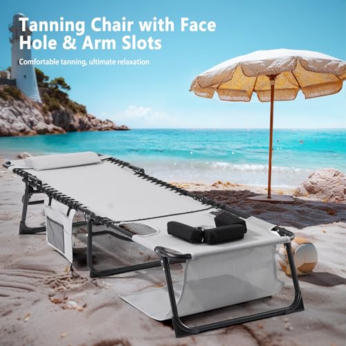 Unovivy Tanning Chairs with Face Hole Set of 2, Teslin Folding Outdoor Lounge Chair with 5-Position Reclining Back for Sunbathing, Pool, Patio, Camping - color: Grey