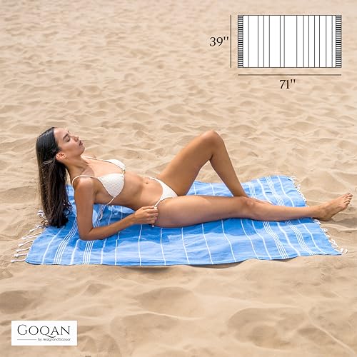 GOQAN Turkish Beach Towel Oversized 39x71 | Thin, Lightweight, 100% Cotton and Sand Free Towel is Suitable for Beach, Bathroom, Pool, Travel, Swim, Gift - Azure - color: Azure, style: Lucky
