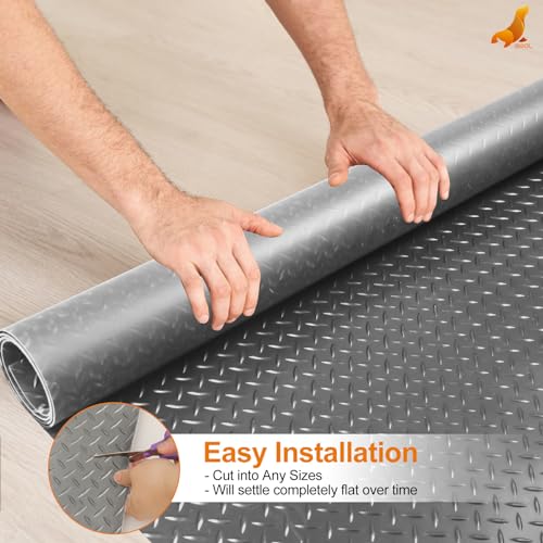 SEAL 6 x 10 Ft Premium Garage Floor Mat, Solid 2.8mm Thick Lay-Flat Gray Commercial Grade Heavy Duty Parking Mat for Garage Floor, Golf Cart, Water/Stain Resistant Runner (Embossed Diamond Plate) - size: 6 x 10 Feet
