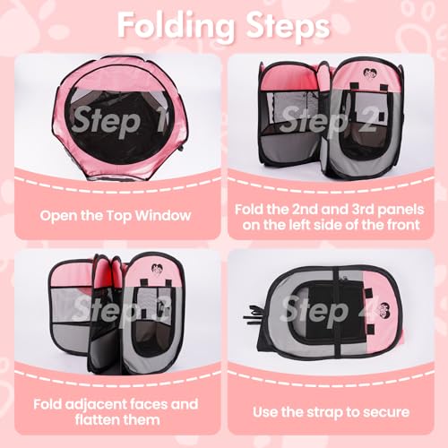 Dog Cat Playpen，Pet Cage - Indoor Outdoor, Portable Foldable Pop Up, Removable Zipper Top，Fits Dogs, Cats, Rabbits(Pink,S) - size: S