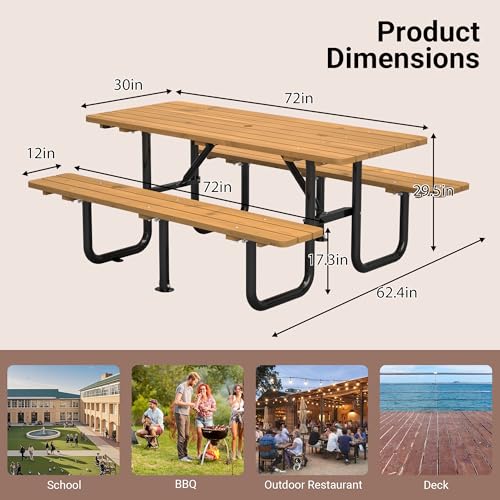 Outdoor Wooden Picnic Table Heavy Duty Picnic Tables Benches Set with Umbrella Hole , 72” Dining Table Set for 6 Person Metal Frame & Solid Wood Waterproof Tabletop for Backyard, Porch, Patio(Natural - size: Heavy Duty-yellow