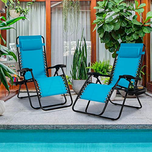 Goplus Zero Gravity Lounge Chairs, 160°Adjustable Folding Recliner w/Pillow and Cup Holder, 350LBS Comfy Outdoor Lounge Chairs for Patio, Lawn, Yard & Camp(1, Light Blue) - color: Light Blue, size: 35.4" x 25.2" x 43.3" (Set of 1)
