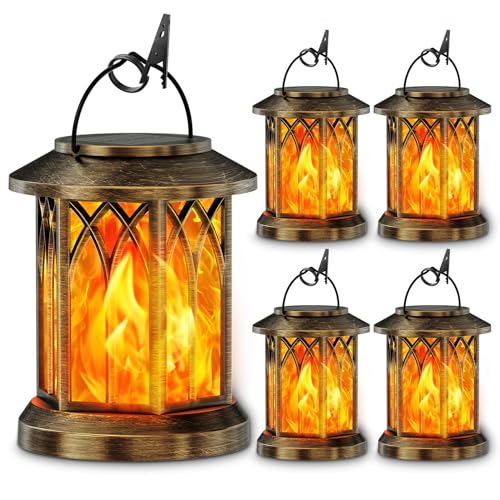 KOOPER 4 Pack Solar Lanterns Outdoor Waterproof, Upgraded Flickering Flame Solar Lantern Lights, Auto On/Off Lanterns Decorative Outdoor, Outdoor Hanging Lantern for Yard Garden Table Decor (Bronze ) - size: 4 Pack, style: Flame