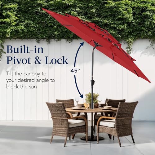 Best Choice Products 10ft 3-Tier Market Patio Umbrella, Outdoor Sun Shade with Tilt, Crank Lift, 8 Ribs for Backyard, Deck, Poolside - color: Red